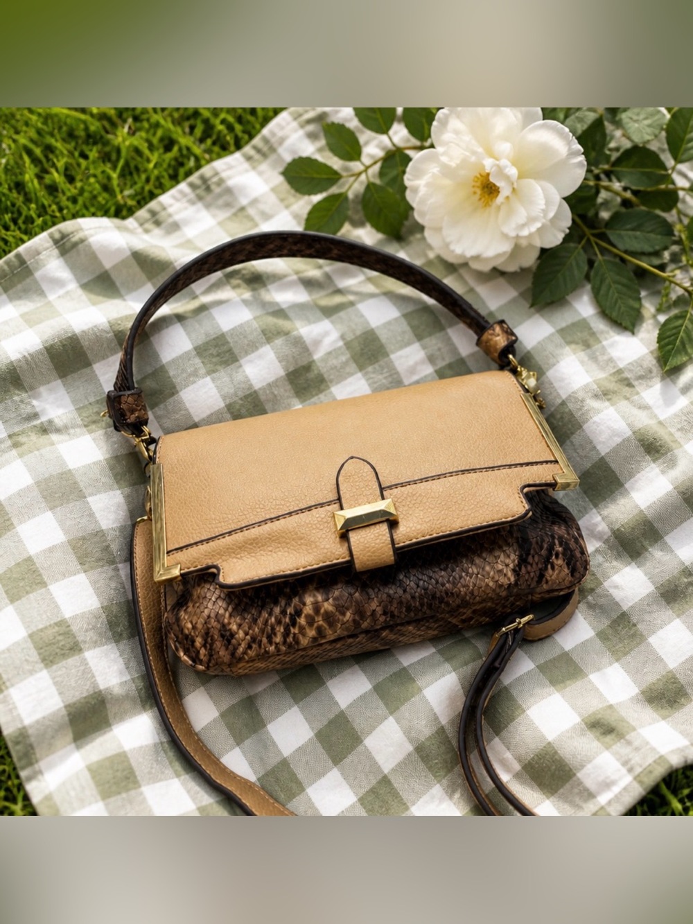 Jessica Simpson Two-Tone Tan and Brown Snake-Texture Shoulder Bag